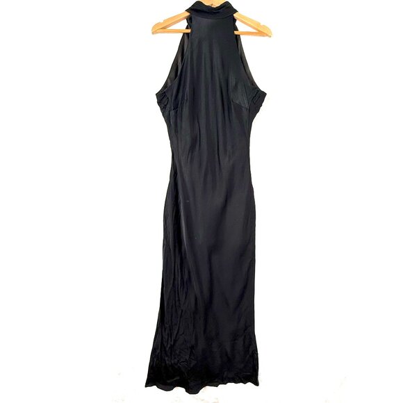 Meshki Claire Satin Drape Back Split Hem High Neck Maxi Dress Womens L Black - Picture 1 of 12
